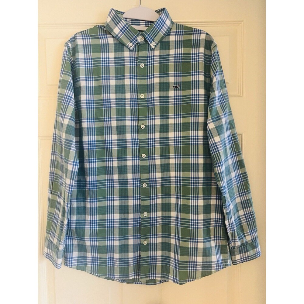 Vineyard Vines Boys XL 18 NWT Plaid Button Down Shirt Green Blue LS Whale Logo